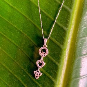 Silver Claddagh, heart, and holy trinity necklace
